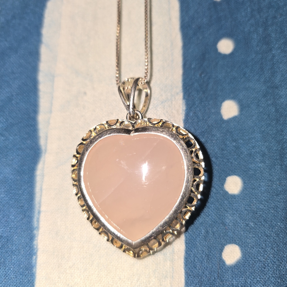Gsj Signed Heart Pendant Necklace with Pink Dangle Drop Quartz Stone